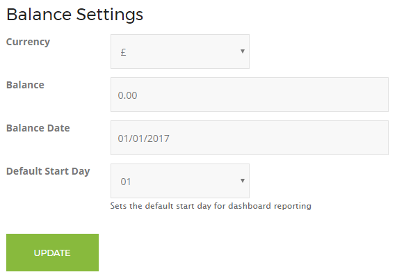 Budget Planner balance settings page